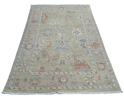 4x6 Ft Olive Green Oushak Turkish Floral Traditional Veg Dye Wool Area Rug