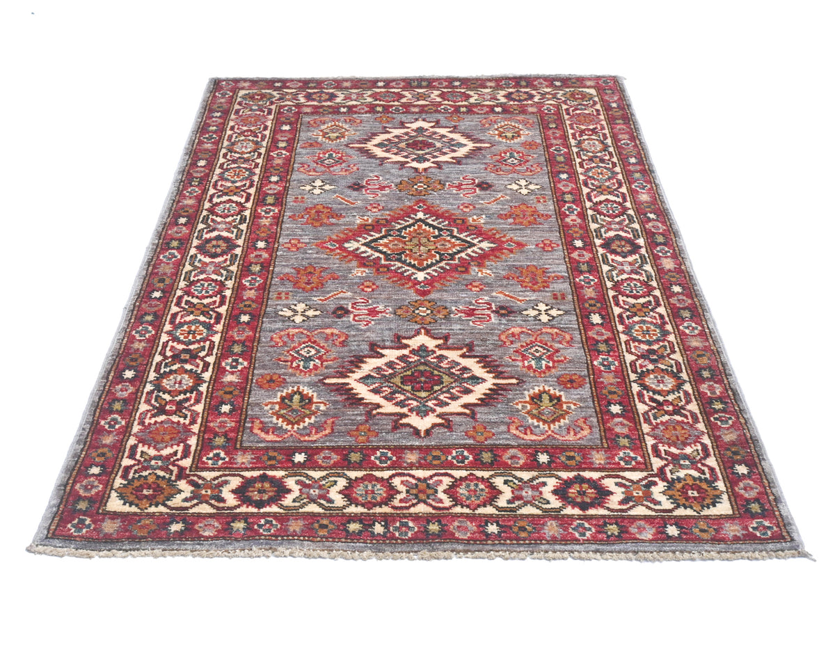 3x4 Gray Kazak Afghan Hand Knotted Geometric Wool Area Rug