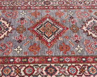 3x4 Gray Kazak Afghan Hand Knotted Geometric Wool Area Rug