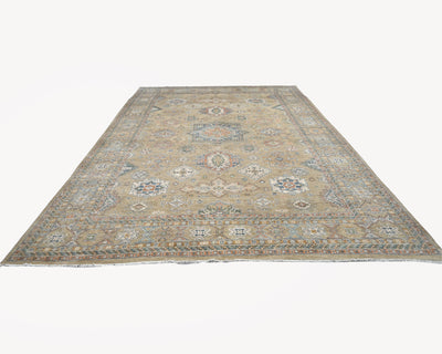10x14 Ft Light Brown Kazak Afghan Hand Knotted Geometric Wool Area Rug