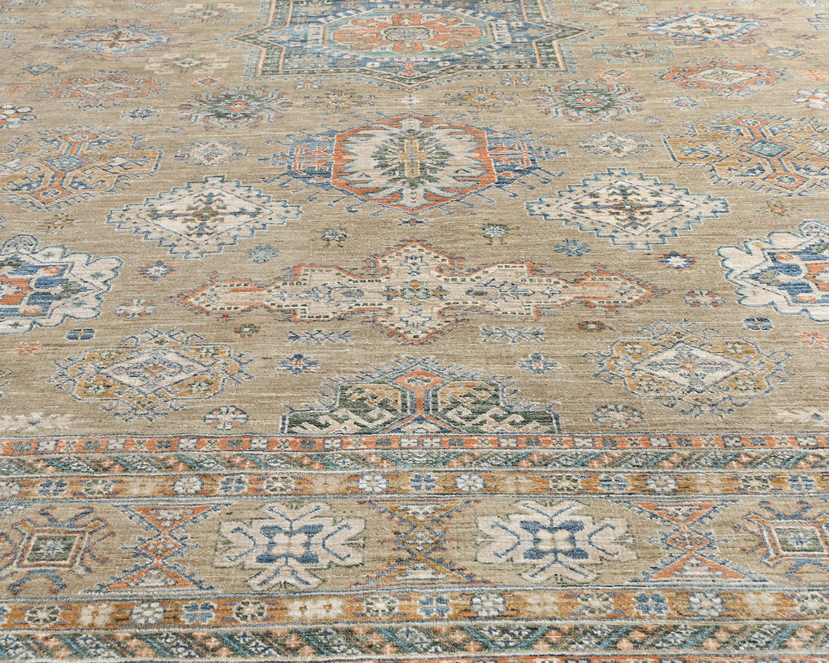 10x14 Ft Light Brown Kazak Afghan Hand Knotted Geometric Wool Area Rug