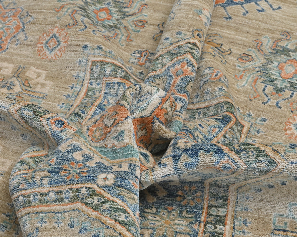 10x14 Ft Light Brown Kazak Afghan Hand Knotted Geometric Wool Area Rug