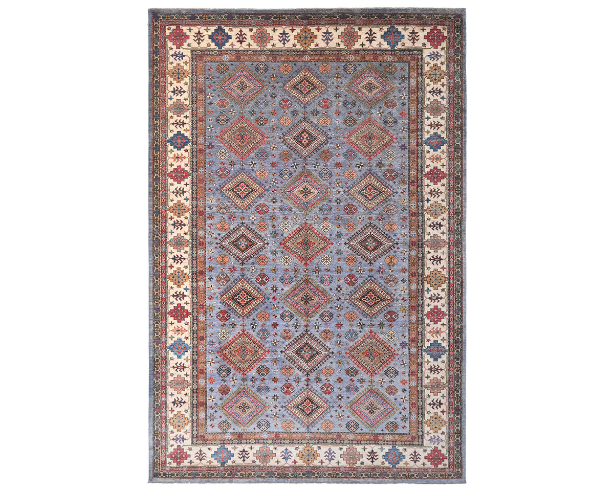 9x12 Gray Kazak Afghan Hand Knotted Geometric Wool Area Rug