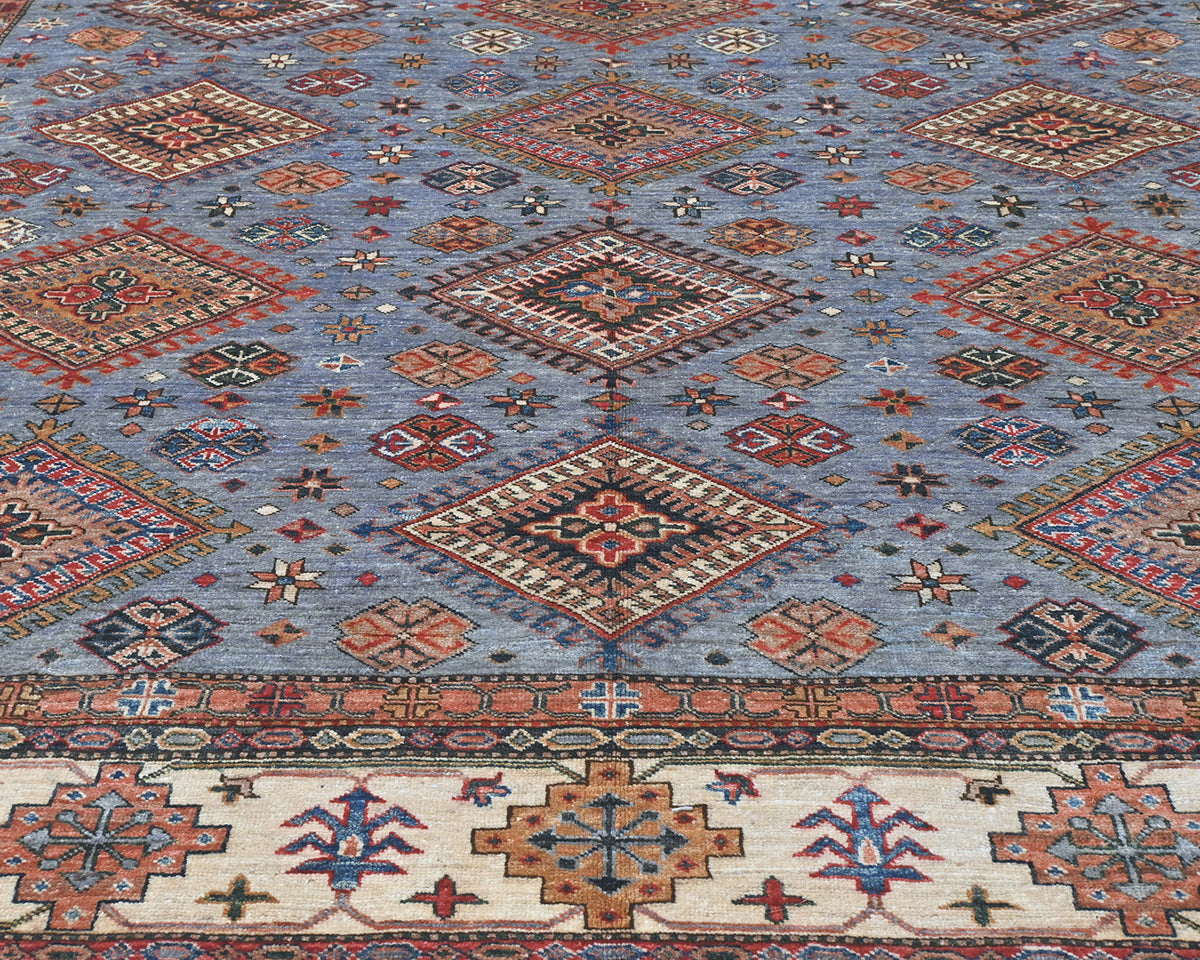 9x12 Gray Kazak Afghan Hand Knotted Geometric Wool Area Rug