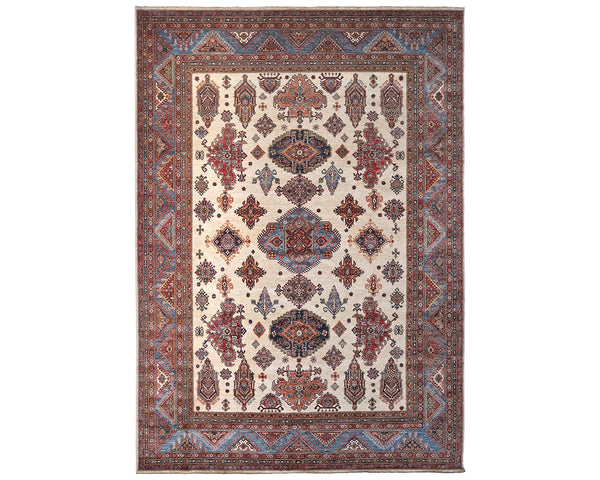 Alfombra afgana kazaja beige de lana geométrica anudada a mano de 10 x 14 pulgadas