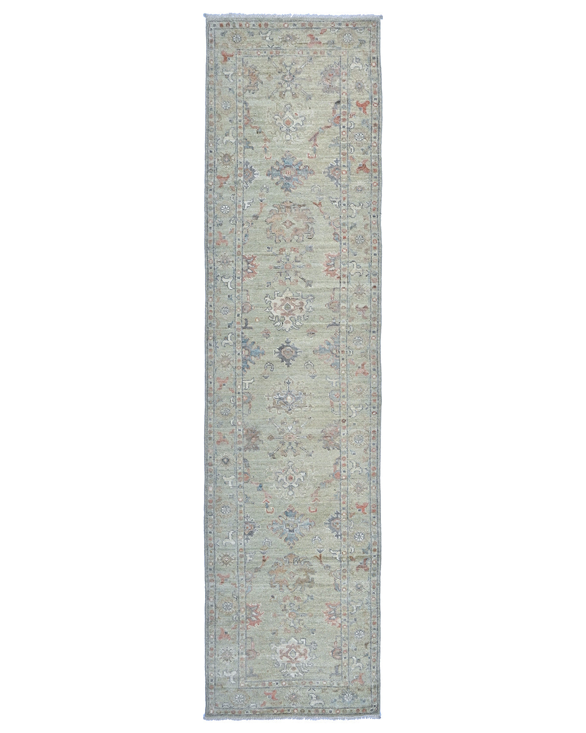 12 Ft Olive Green Oushak Turkish Hand Knotted Floral Soft Wool Runner Rug