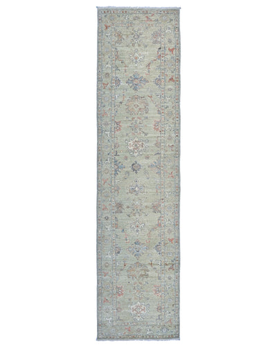 12 Ft Olive Green Oushak Turkish Hand Knotted Floral Soft Wool Runner Rug