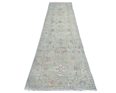 12 Ft Olive Green Oushak Turkish Hand Knotted Floral Soft Wool Runner Rug