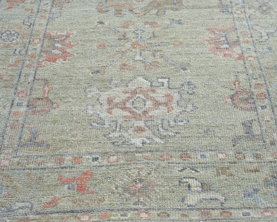 12 Ft Olive Green Oushak Turkish Hand Knotted Floral Soft Wool Runner Rug