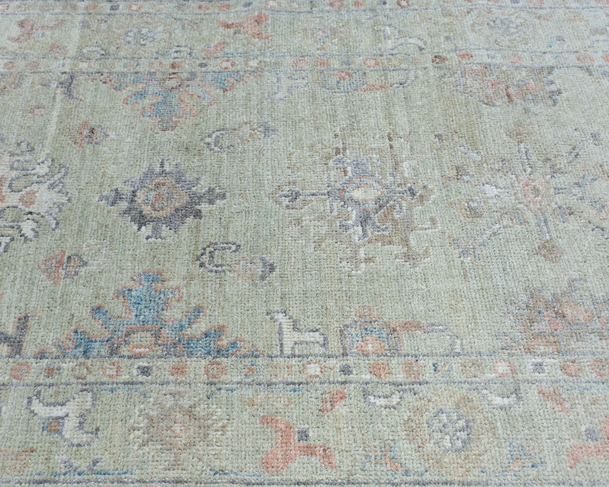 12 Ft Olive Green Oushak Turkish Hand Knotted Floral Soft Wool Runner Rug