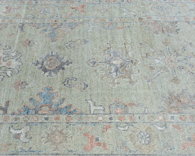 12 Ft Olive Green Oushak Turkish Hand Knotted Floral Soft Wool Runner Rug