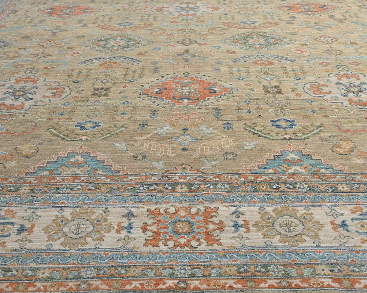 10x14 Ft Golden Brown Kazak Afghan Hand Knotted Geometric Wool Area Rug