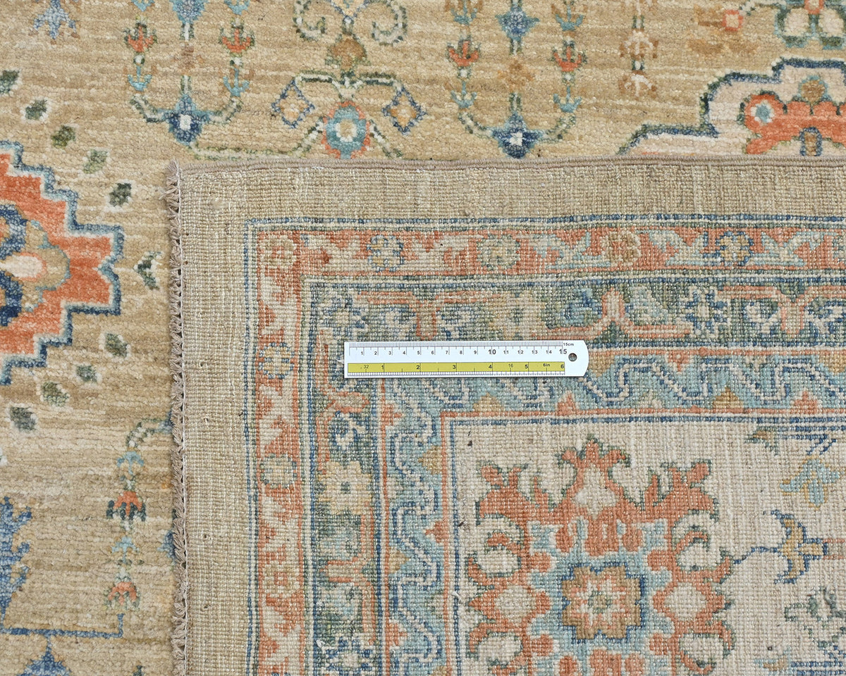 10x14 Ft Golden Brown Kazak Afghan Hand Knotted Geometric Wool Area Rug