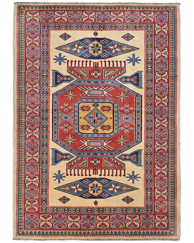 Alfombra afgana Shirvan de lana geométrica anudada a mano, color beige y rojo, de 3 x 5 pies