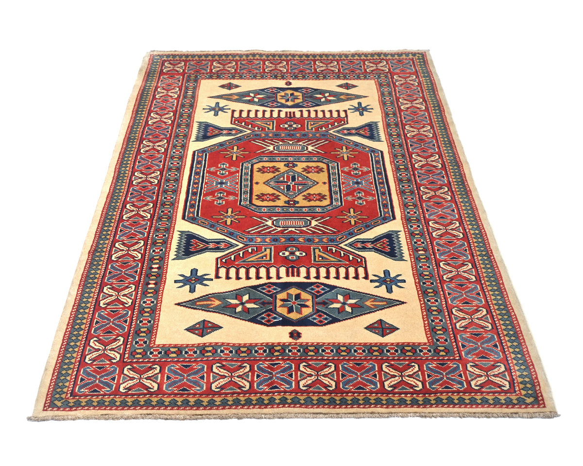 Alfombra afgana Shirvan de lana geométrica anudada a mano, color beige y rojo, de 3 x 5 pies
