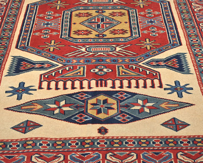 Alfombra afgana Shirvan de lana geométrica anudada a mano, color beige y rojo, de 3 x 5 pies