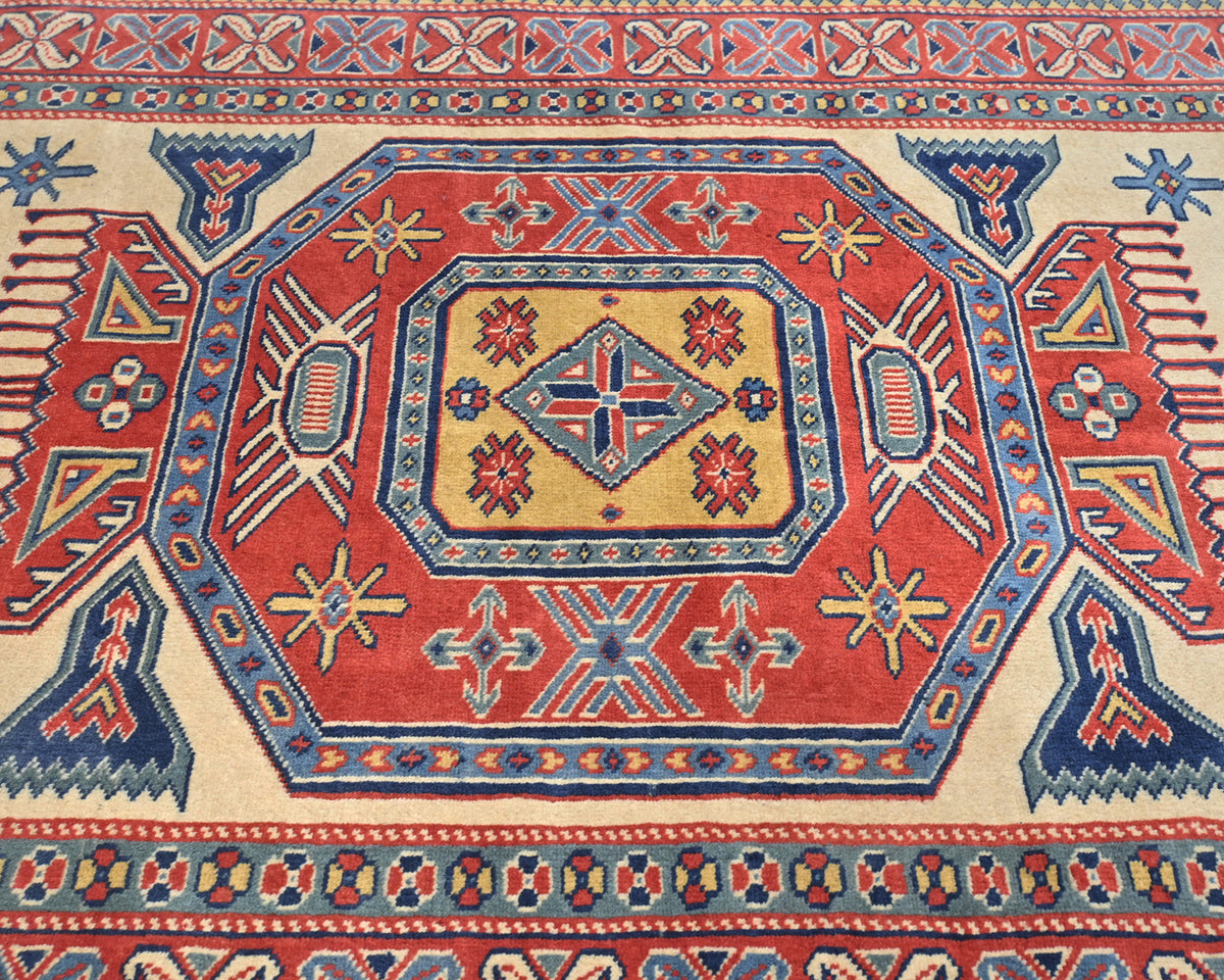 Alfombra afgana Shirvan de lana geométrica anudada a mano, color beige y rojo, de 3 x 5 pies