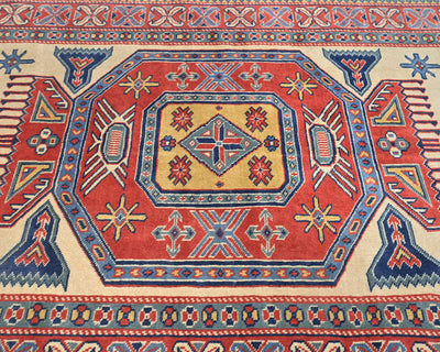 Alfombra afgana Shirvan de lana geométrica anudada a mano, color beige y rojo, de 3 x 5 pies