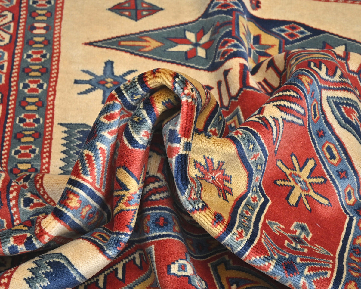 Alfombra afgana Shirvan de lana geométrica anudada a mano, color beige y rojo, de 3 x 5 pies