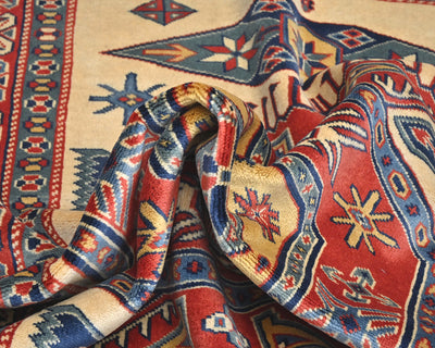 Alfombra afgana Shirvan de lana geométrica anudada a mano, color beige y rojo, de 3 x 5 pies
