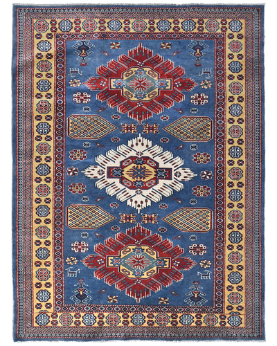 Alfombra afgana Shirvan de lana geométrica anudada a mano, 4x6, color azul