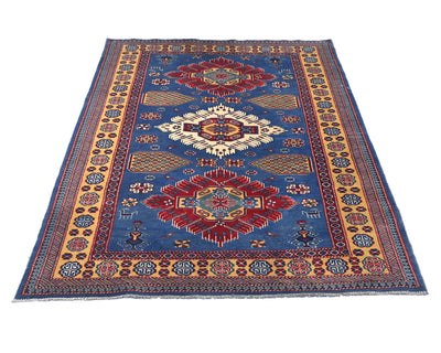 Alfombra afgana Shirvan de lana geométrica anudada a mano, 4x6, color azul
