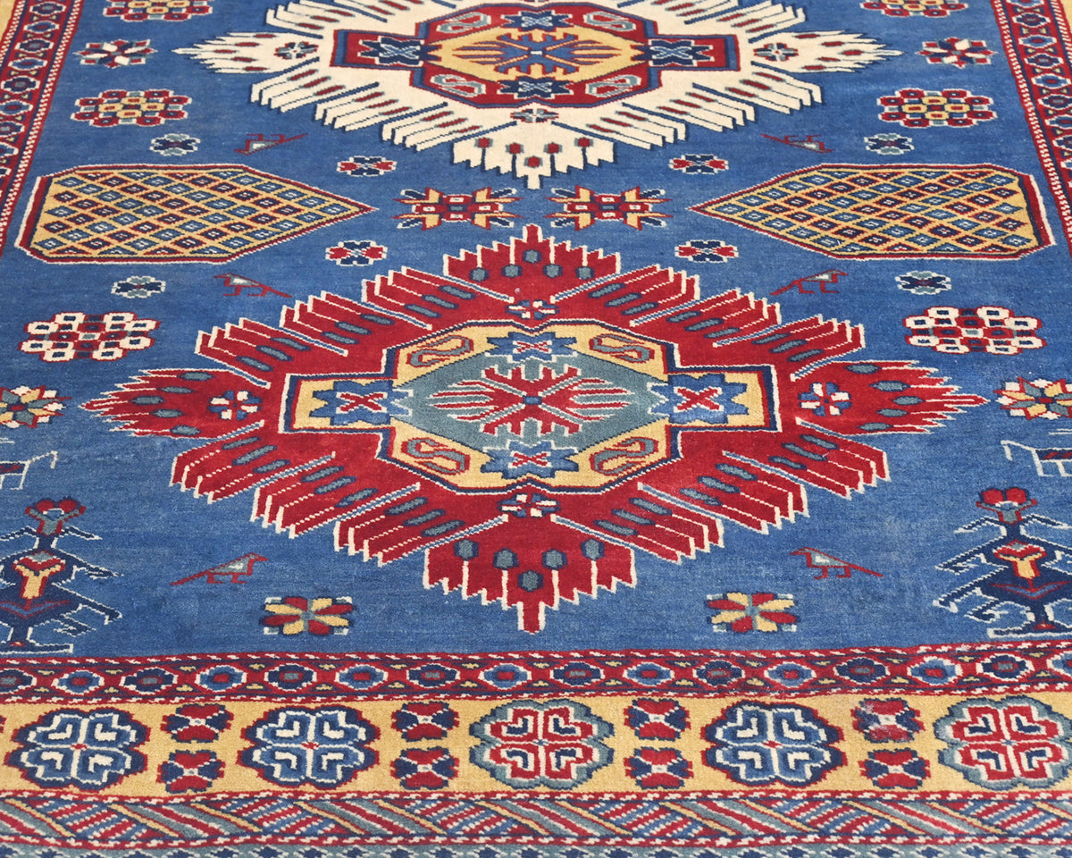 Alfombra afgana Shirvan de lana geométrica anudada a mano, 4x6, color azul