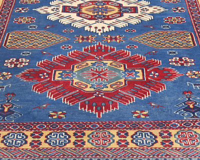 Alfombra afgana Shirvan de lana geométrica anudada a mano, 4x6, color azul