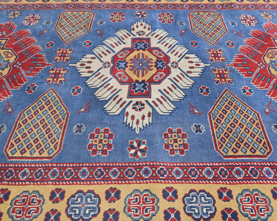 Alfombra afgana Shirvan de lana geométrica anudada a mano, 4x6, color azul