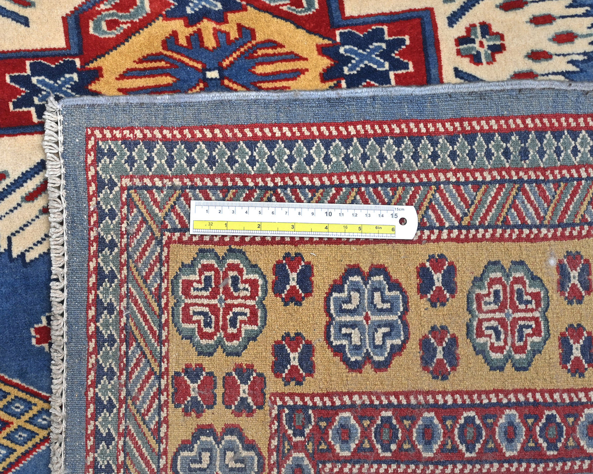 Alfombra afgana Shirvan de lana geométrica anudada a mano, 4x6, color azul